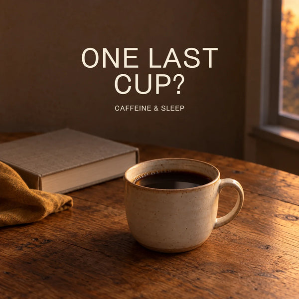 One last cup? Caffeine and sleep: a ceramic coffee cup beside a closed book in soft evening window light.