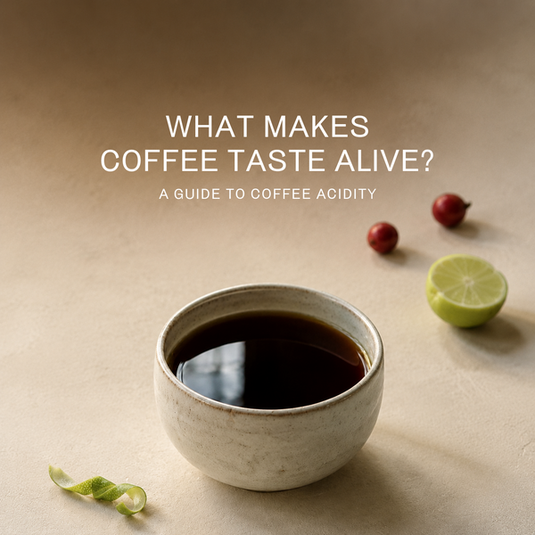 Black coffee in a ceramic cup beside lime and coffee cherries, illustrating acidity and brightness in coffee.