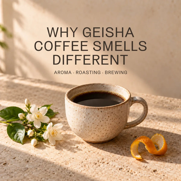 Illustration of black coffee beside jasmine flowers and citrus peel, with the headline Why Geisha Coffee Smells Different.