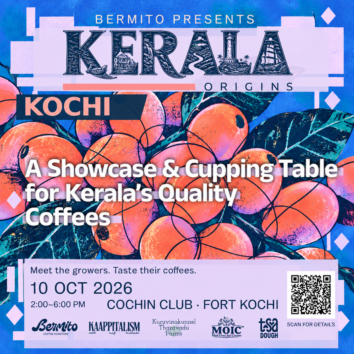 Kerala Origins Kochi poster with illustrated coffee cherries: a showcase and cupping table for Kerala’s quality coffees, 10 October 2026, 2–6 PM, Cochin Club, Fort Kochi.
